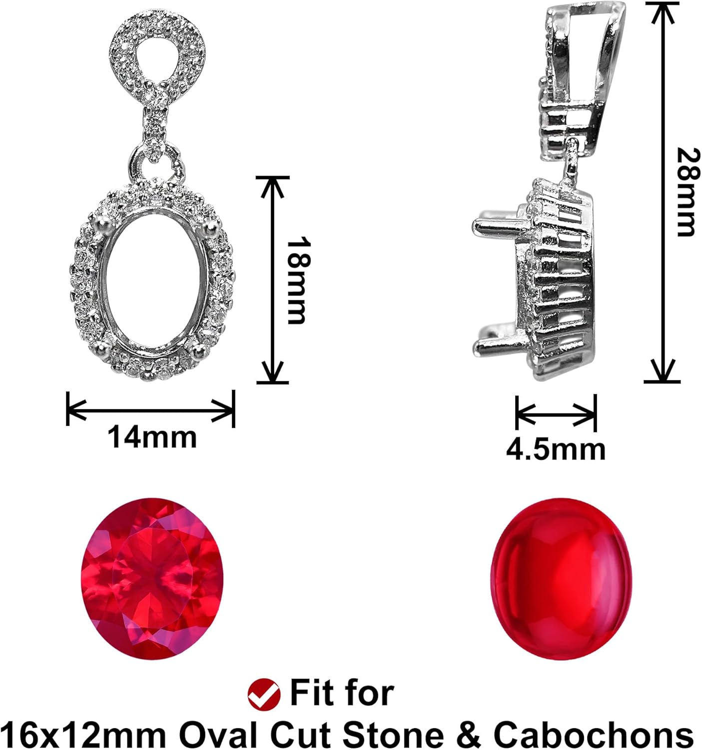 925 Sterling Silver Pendant Blank Prong Settings 4 Claws Jewelry Base Mounting for Oval Cut Faceted Gemstones or Cabochons DIY Handmade Necklace