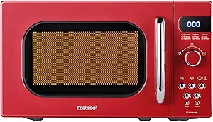 COMFEE' Retro Small Microwave Oven With Compact Size, 9 Preset Menus, Position-Memory Turntable, Mute Function, Countertop, Perfect For Small Spaces, 0.7 Cu Ft/700W, Red, AM720C2RA-R
