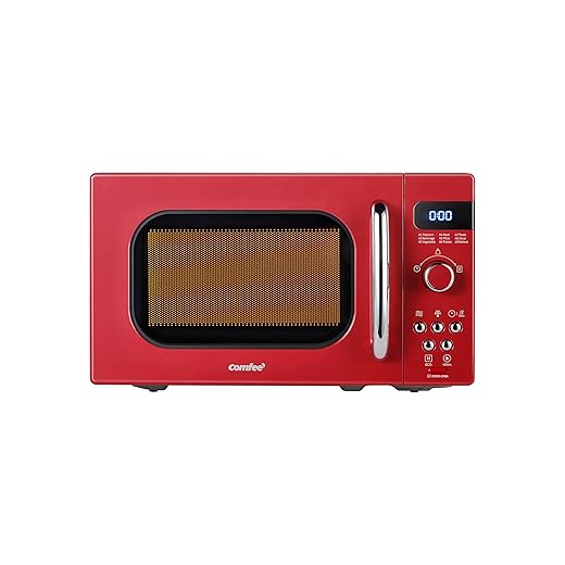 COMFEE' Retro Small Microwave Oven With Compact Size, 9 Preset Menus, Position-Memory Turntable, Mute Function, Countertop, Perfect For Small Spaces, 0.7 Cu Ft/700W, Red, AM720C2RA-R