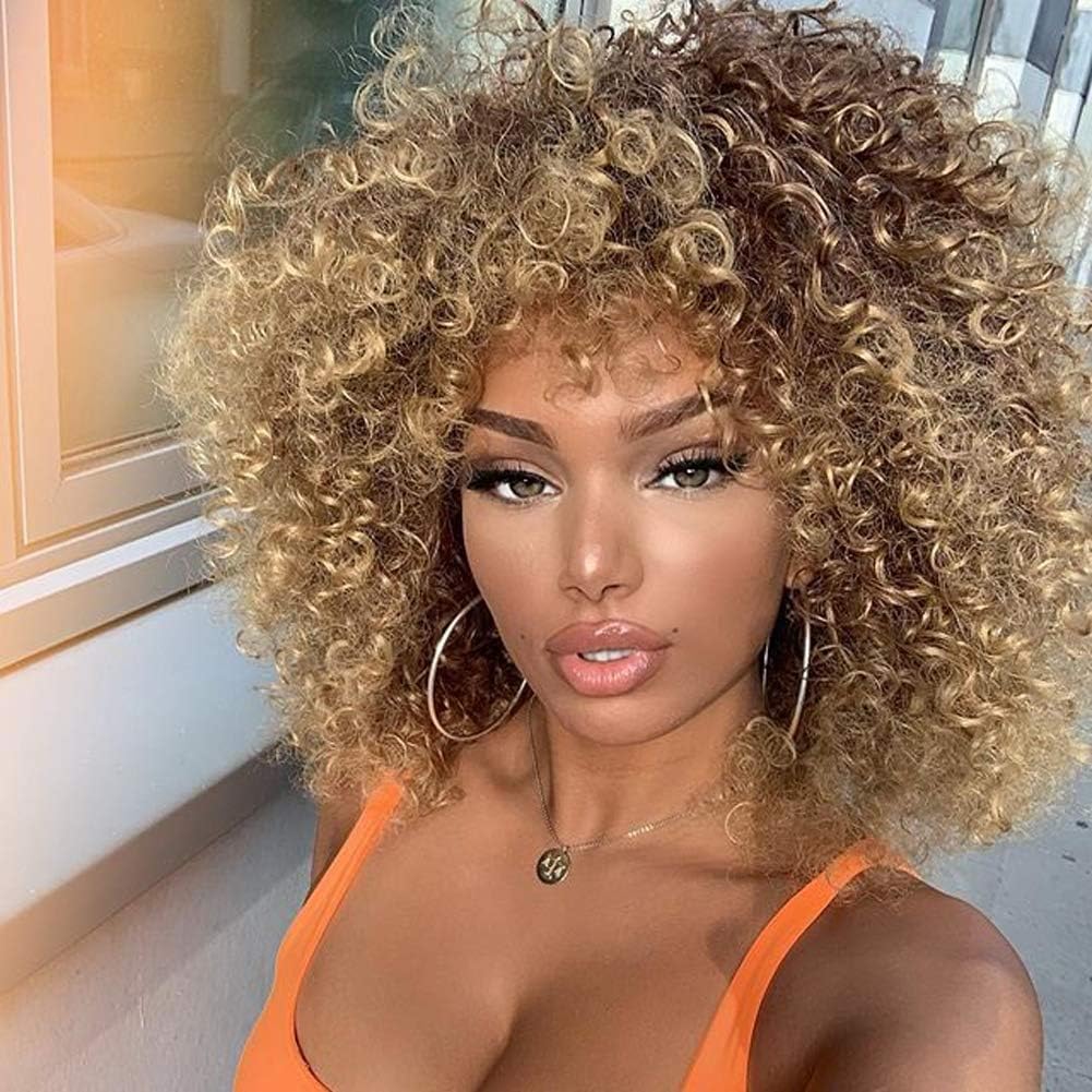 14 inch Blonde Curly Wigs 70s, Kinky Brown Mixd Blonde Afro Wigs for Black Women, Synthetic Afro Curly Blonde Wigs for Women (Brown to Blonde)