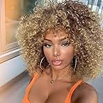 Xinran 14 inch Blonde Curly Wigs 70s, Kinky Brown Mixd Blonde Afro Wigs for Black Women, Synthetic Afro Curly Blonde Wigs for Women (Brown to Blonde)
