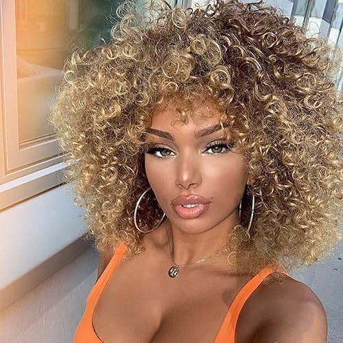 Xinran 14 inch Blonde Curly Wigs 70s, Kinky Brown Mixd Blonde Afro Wigs for Black Women, Synthetic Afro Curly Blonde Wigs for Women (Brown to Blonde)