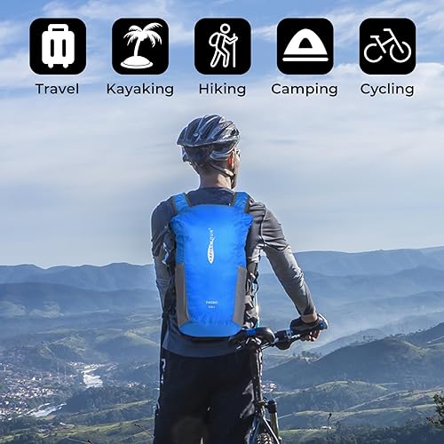 Miniatura 6 de Mochila ultraligera resistente al agua, mochila de senderismo plegable de 15L, mochila pequeña con cierre superior enrollable, Azul, Exteriores