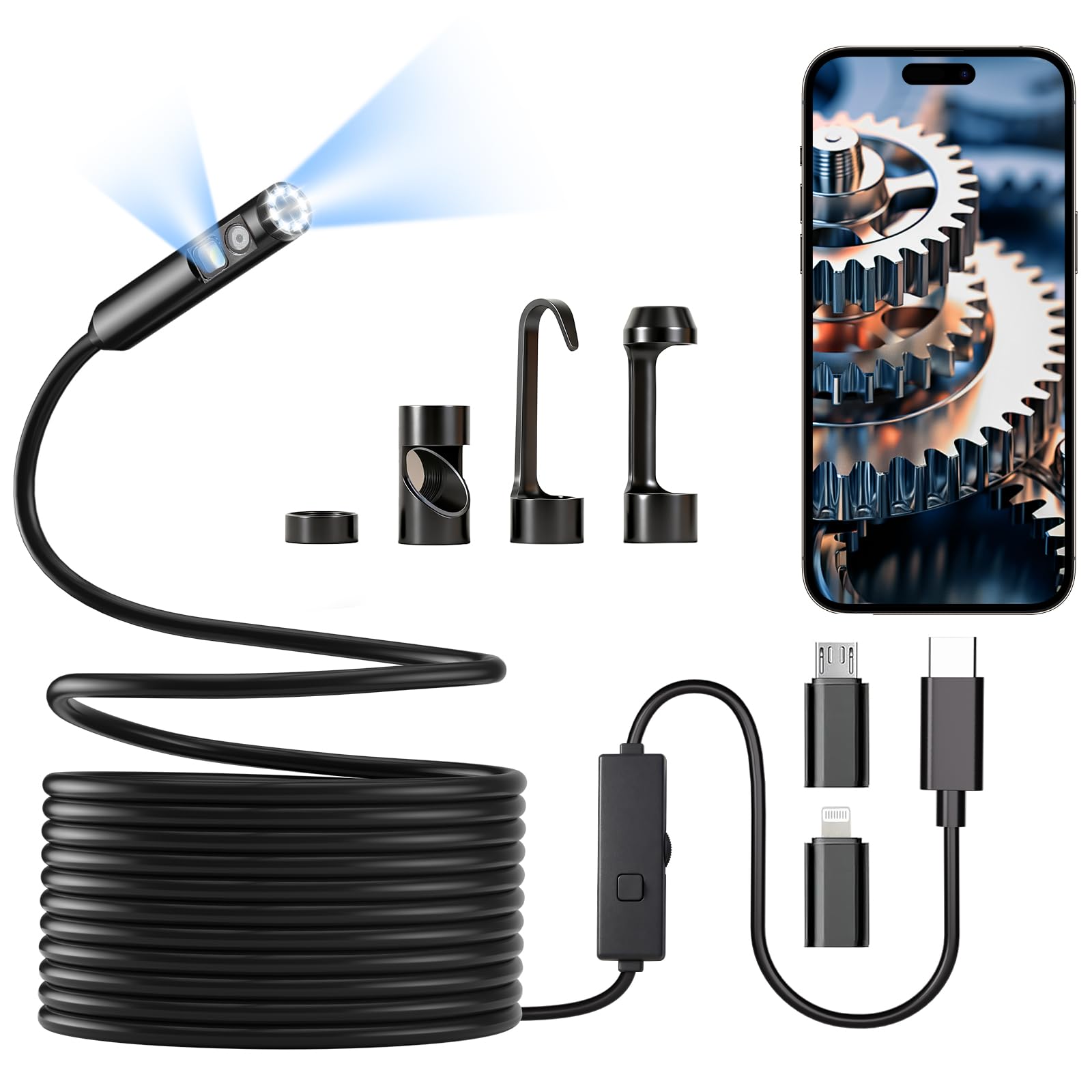 Dual-Lens Endoscope Camera with Light, POLEDY 1920P HD Borescope, 8 Adjustable LED Light, IP67 Waterproof, 16.4ft Snake Camera, Semi-Rigid Cable Inspection for Android, iOS-picture-24