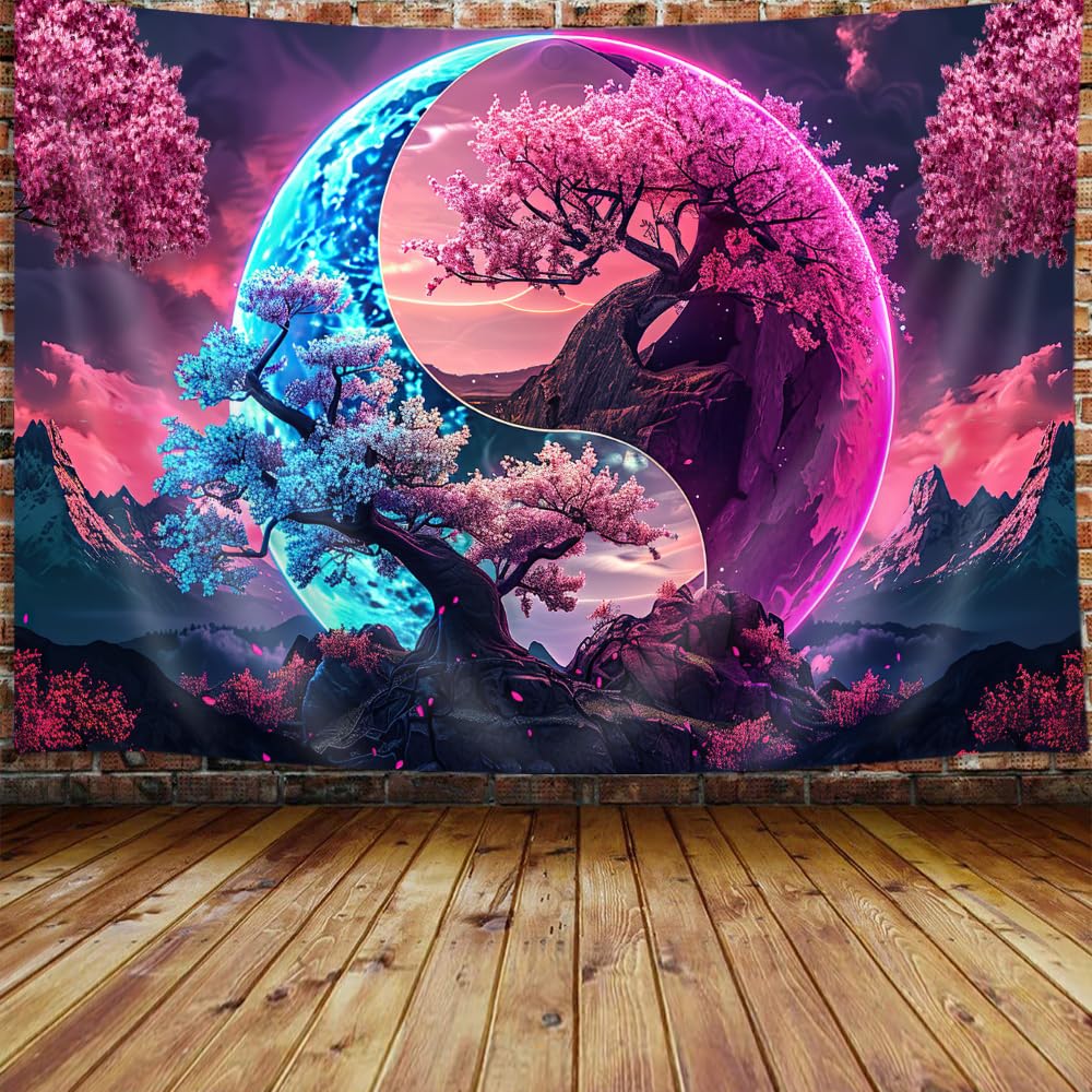 JAWO Tree Life Tapestry Aesthetic, Colorful Pink Flowers Sun and Moon Art Tapestry Wall Hanging for Girls Bedroom, Cool Nature Galaxy Yin Yang Anime