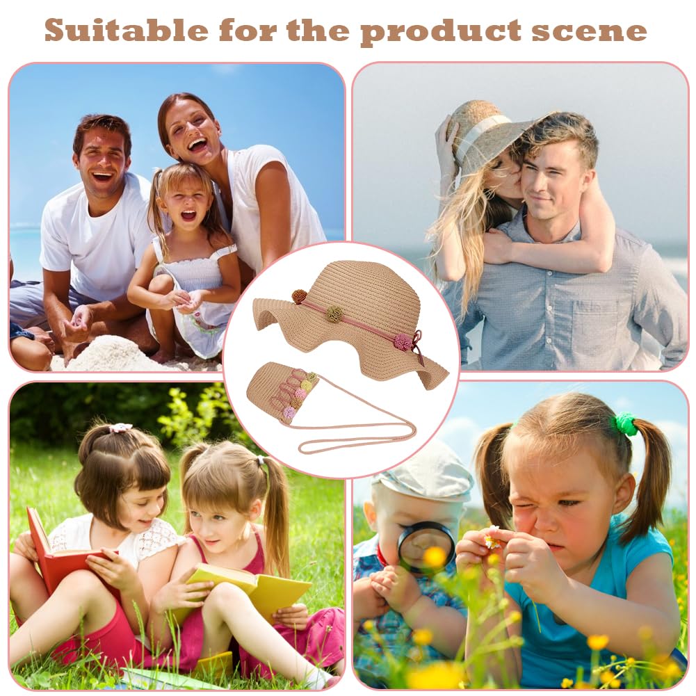 Cappello Da Spiaggia Estivo e Mini Di Borse Set,Cappello Da Sole In Paglia Bambino,Cappello Di Paglia Estivo Per Bambini a Tesa Larga Per I Bambini Turismo Vacanze Spiaggia Attività All'Aperto(Cachi)
