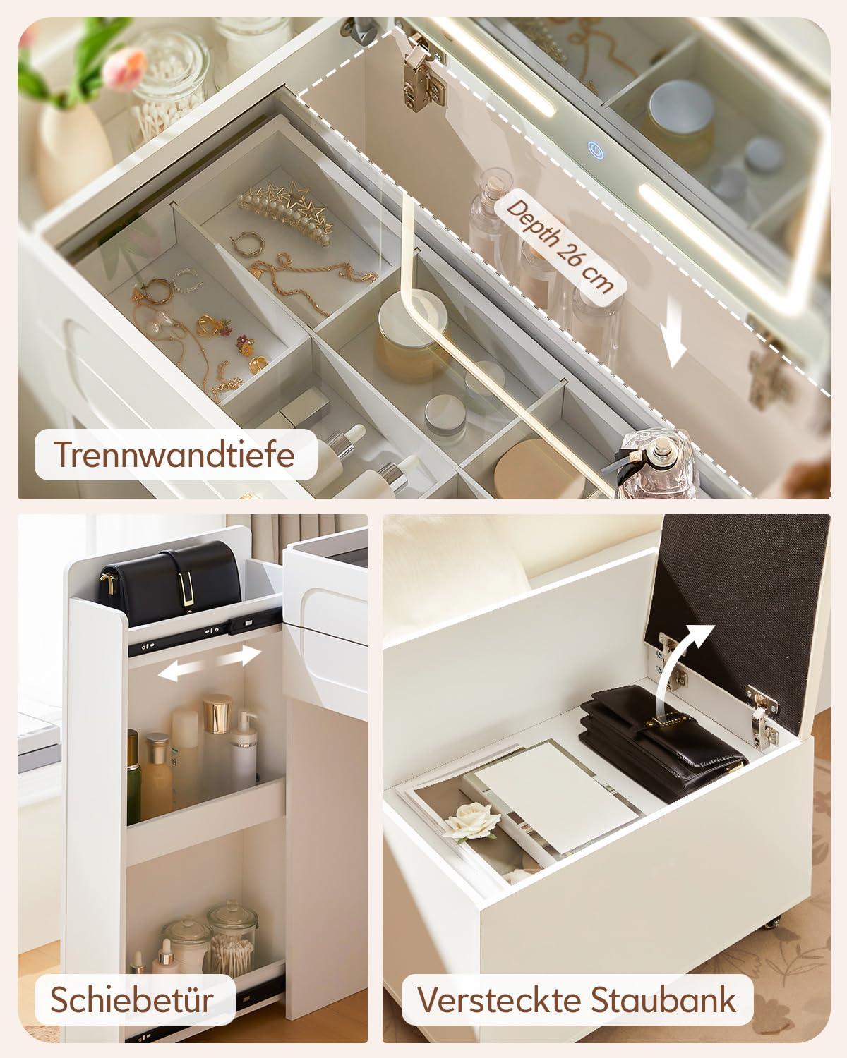 TUKAILAi Tocador 3 en 1 con Espejo LED Abatible, Tocador de Maquillaje con Estación de Carga y Mueble Corredizo, Tocador Compacto con Vidrio, 3 Cajones y Banco con Almacenamiento para Dormitorio
