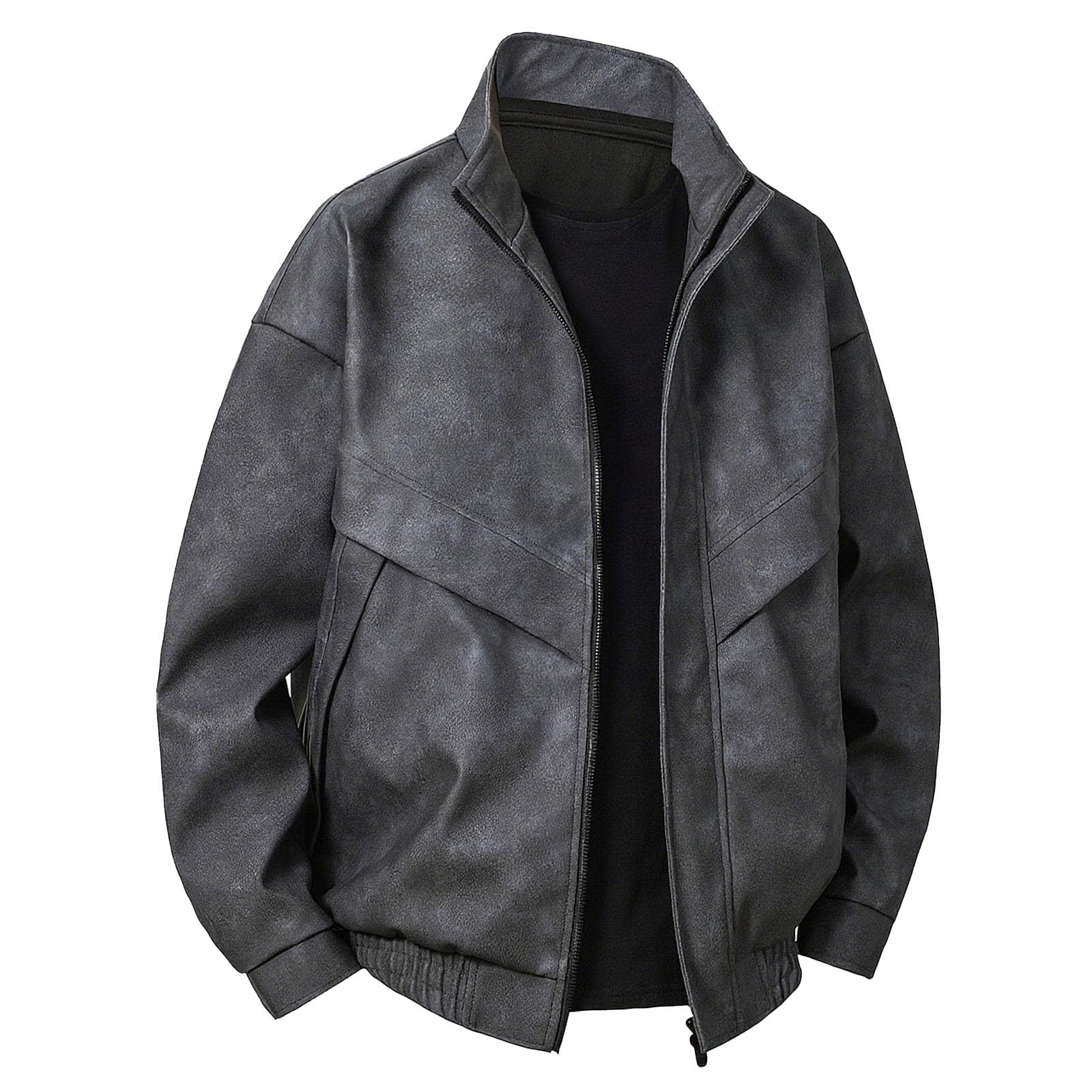Giacca in pelle scamosciata, elegante, con orlo elasticizzato, stile motociclista, college, colletto alto | Giacca blouson slim fit, in pelle, da uomo, lunga, antivento, ideale per escursioni, campeggio e università