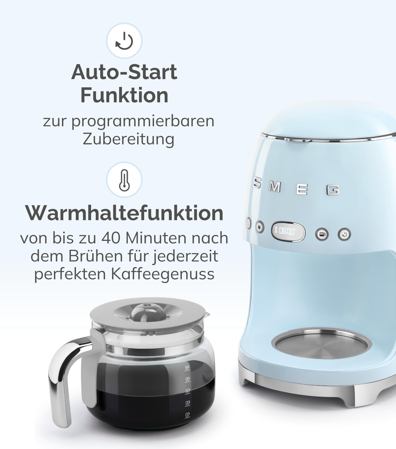 Smeg, DCF02BLEU, Filter-Kaffeemaschine, Aroma und Autostart-Funktion, Glaskaraffe bis 12 Tassen, 2 Intensitätsniveaus, Warmhaltefunktion, 1050W, Schwarz
