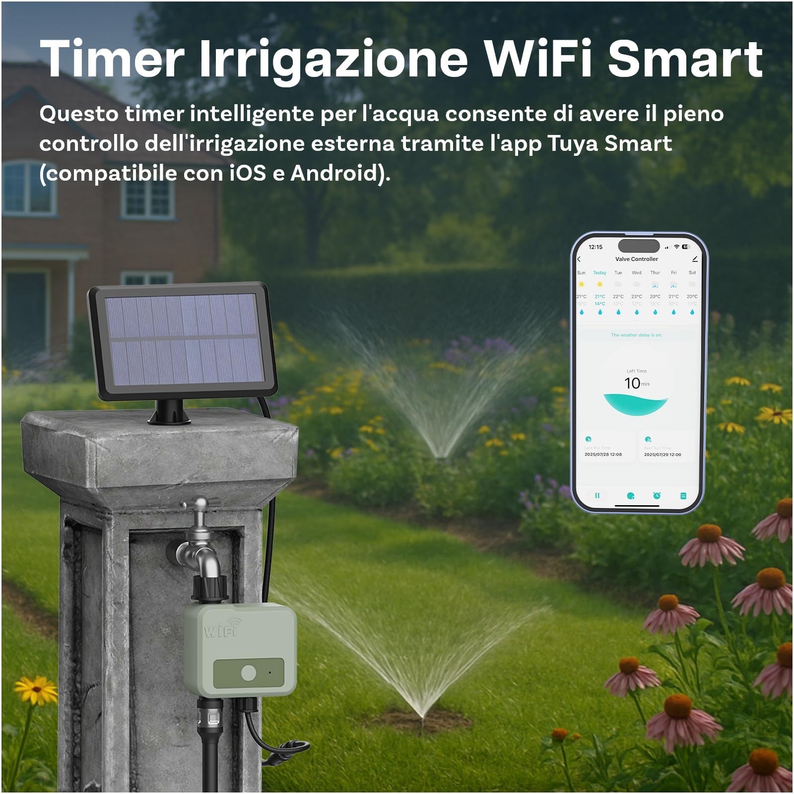 Timer Irrigazione WiFi Smart di MMOBIEL – Programmatore per Irrigazione Alimentato da Solare & USB - 30m Raggio Wireless, Programmazione Automatica, Resistente alle Intemperie - Facile Installazione