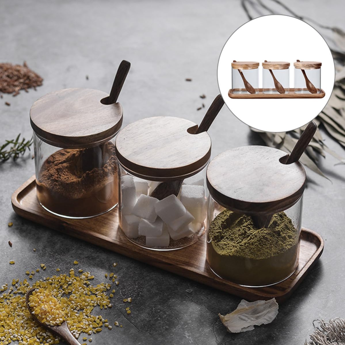 Gewürzglas Satz Multifunktionaler Gewürzbehälter mit Holzdeckel und Löffel 1 Satz aus Glas Inklusive Praktischem Tablett für Küche und Esszimmer
