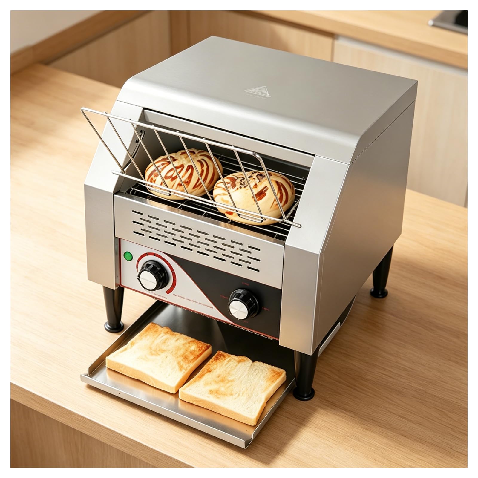 Tostador Comercial De Acero Inoxidable, 2200W, Dobles Elementos Calefactores, 7 Velocidades, Transportador De Cadena De 10", Tolva De Descarga Conmutable Delantera/Trasera, para Bagels