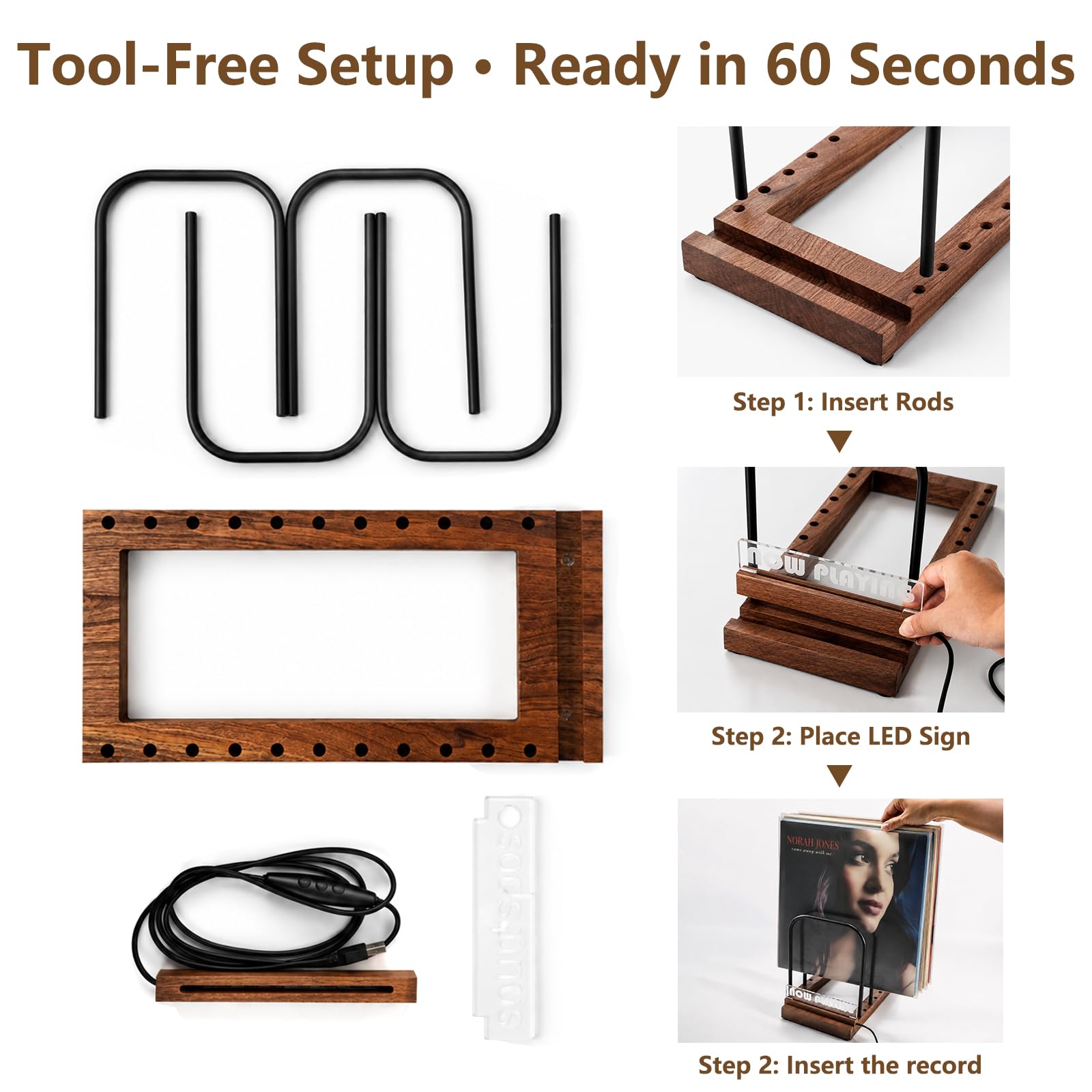 ZEDKEHO Supporto per dischi in vinile per album LP con display a LED ora in riproduzione, supporto per dischi in legno, cartello luminoso in acrilico rimovibile, contiene 50-75 dischi, decorazione per
