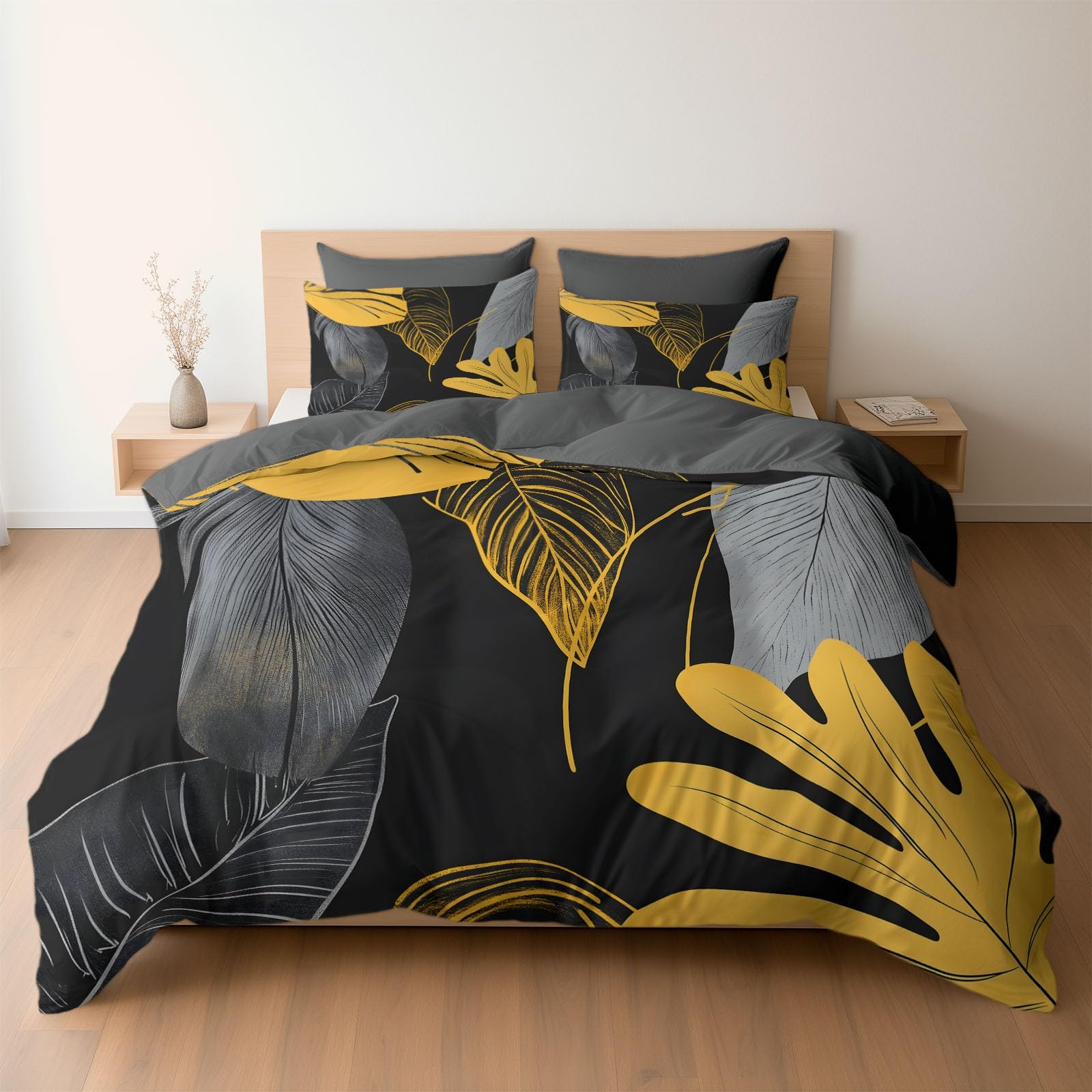 Générique Parures de Lit 240x260 cm Housses de Couettes 3 Pièces en Microfibre Brossée avec 2 Taies 65x65 cm Abstrait Minimaliste Feuilles de Plantes Respirant Fermeture Zippée, Gris Foncé