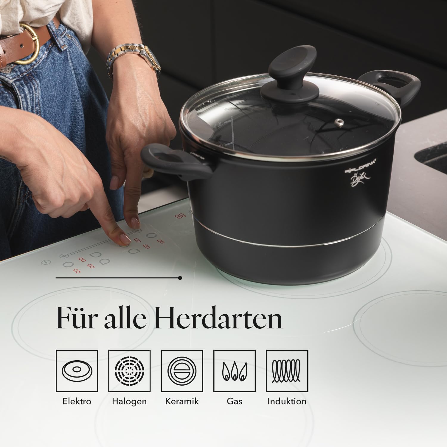 FLORINA Aluminium Topf (5 l) 22 cm I Kochtopf DELUX mit Glasdeckel I Messbecher & Antikratz-Beschichtung I Hoher Topf mit Induktionsboden I Induktionsherd, Gasherd, Elektroherd (Schwarz) Küche, Haushalt & Wohnen
