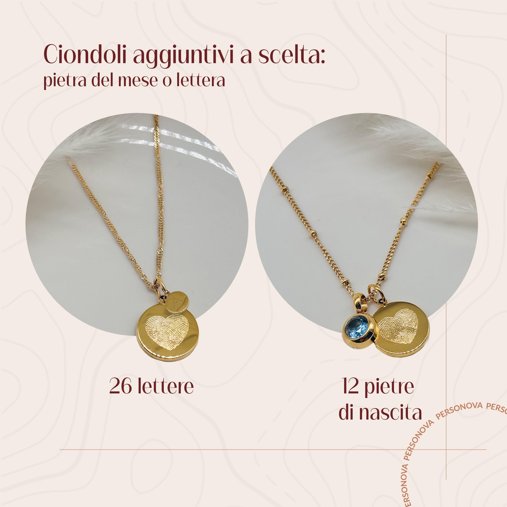 Collana personalizzata con impronta digitale con incisione – Opzionalmente con pietra portafortuna o lettere – placcata in oro 18 carati, oro rosa, argento – gioiello commemorativo e idea