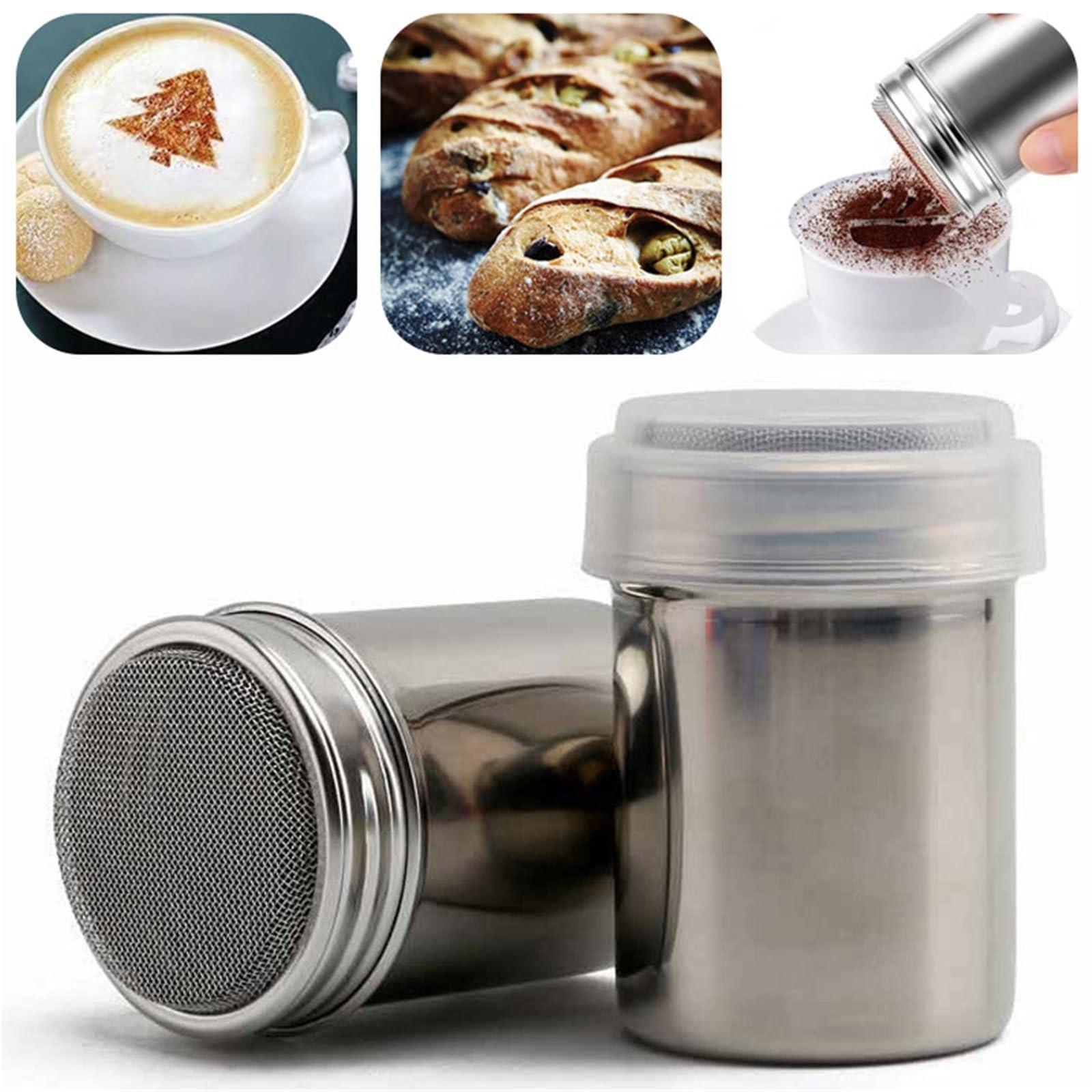 3 aspersores de Acero Inoxidable para Casa | Herramienta agitadora de harina de chocolate, azúcar glas en polvo, cacao(L)