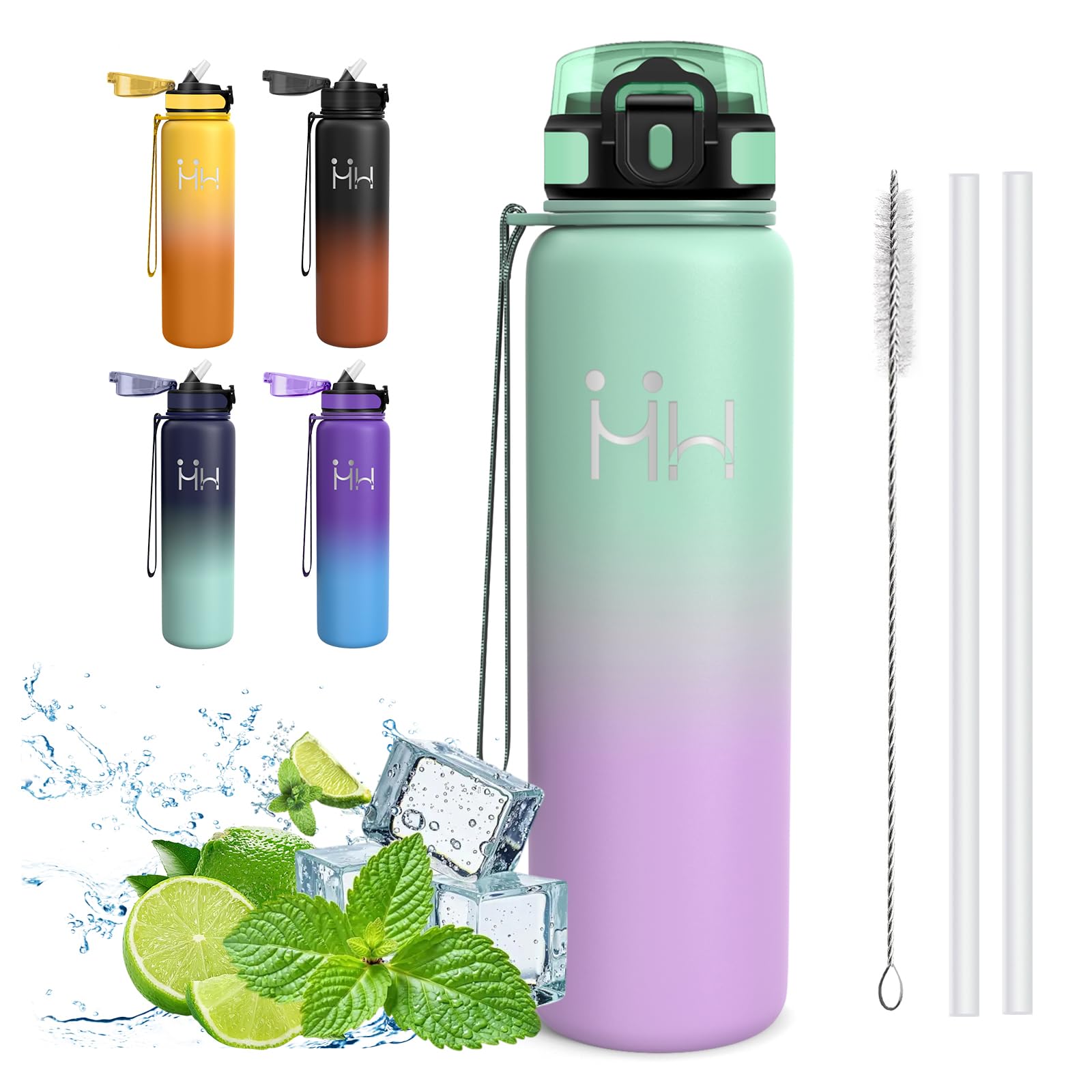 Mujigaga Insulated Water Bottle, 1 Litre Water Bottle, BPA Free, Water Bottles with Straw, 18/8 Stainless Steel, Leakless, with Straw Brush, Water Bottles for Office, Gym, Mountain