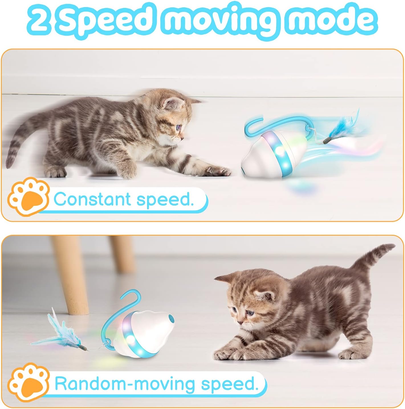 Moving Cat Toys Rolling Mouse Interactive Cat Exercise Toys with 5 Feathers USB Charging 2 Speeds Mode Colorful LED Light Automatic 360° Self Rotating Low Noise for Indoor Cats Kitten : Pet Supplies