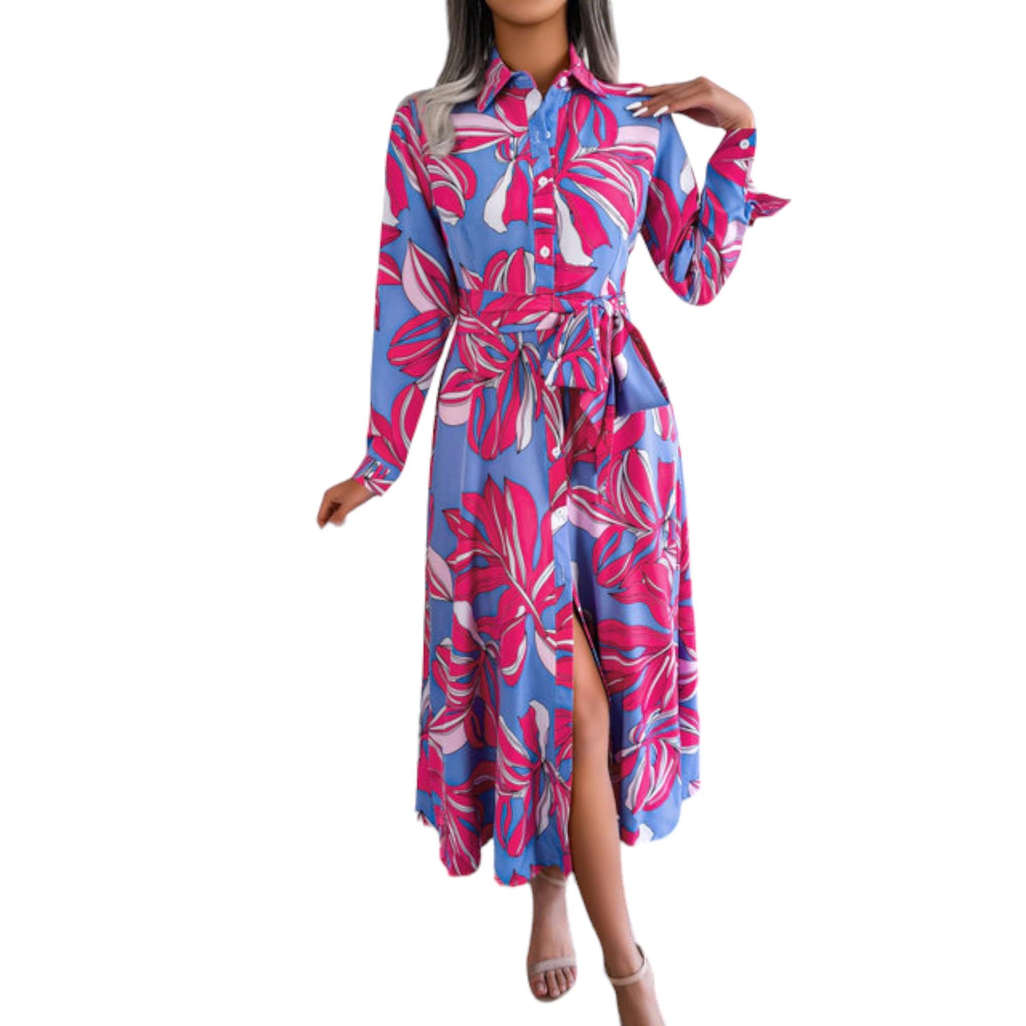Gufrina Women's Full Sleeve Collar Neck Western Dress - Floral Print Maxi Dress With Slit And Tie-Up Belt (Pink Xxl)