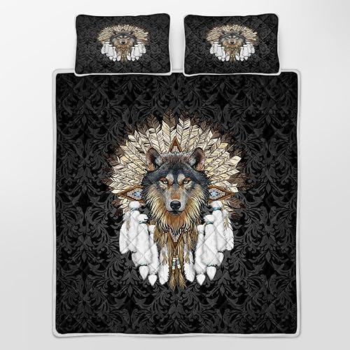 Miniatura 8 de Juego de colcha de lobo, tamaño Queen, con estampado de plumas de pavo real bohemio, para adolescentes, adultos, tribu, vida silvestre,