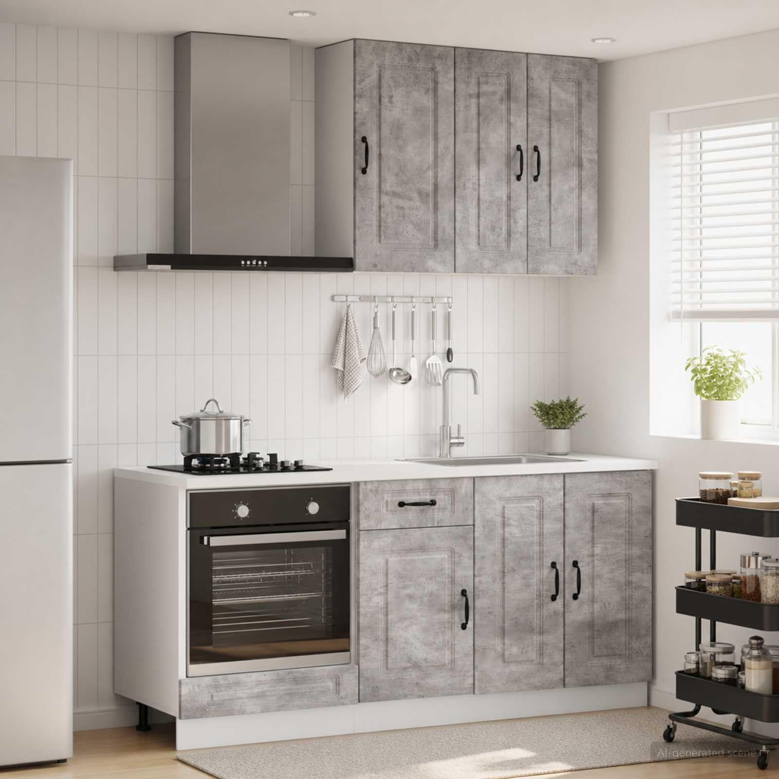 Küchenzeile Kalmar 5-teilig Küchenschrank Set Küchenblock aus Holzwerkstoff in Betongrau, Moderne Küchenmöbel mit Unterschrank, Hängeschrank und Geschirrspülerblende