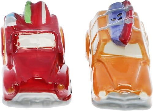 Novedoso juego de salero y pimentero de cerámica para viajes, tema de playa, coches retro con tabla de surf