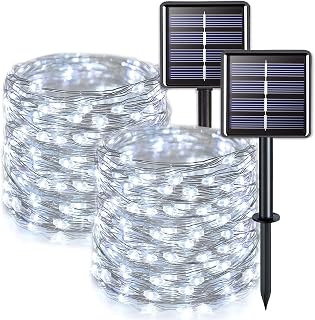 JMEXSUSS 2 Pack 33FT 100 LED Solar Fairy String Lights Outdoor Waterproof, 8 Modes White for Garden Patio Tree Christmas Decor