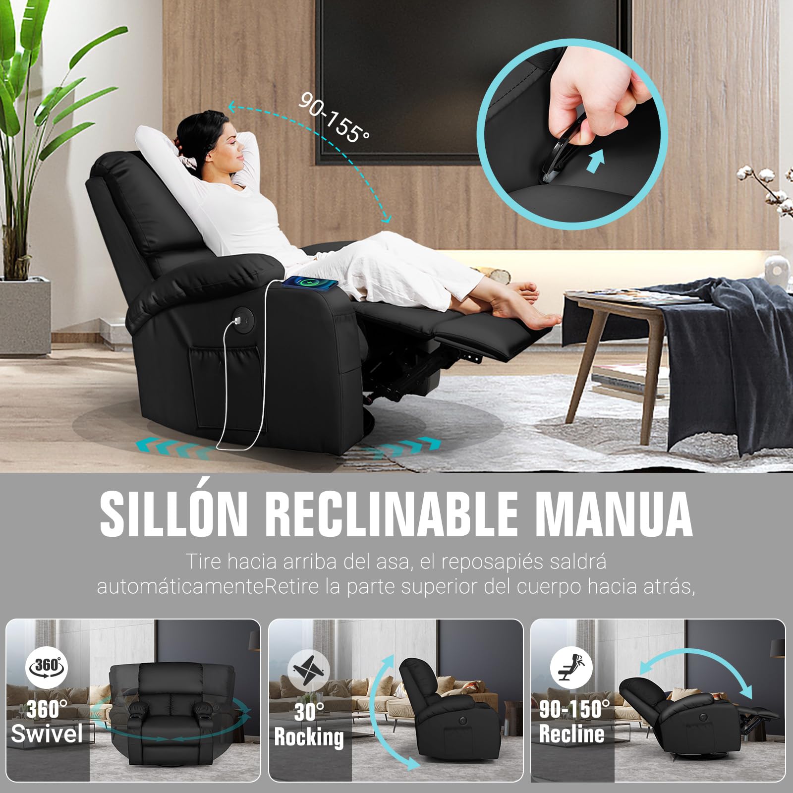 Schaukelstuhl mit Relaxfunktion, Massagesessel mit Vibration und Wärme, USB- und Type-C-Anschlüsse, 360° drehbar, Kunstleder, Schwarz