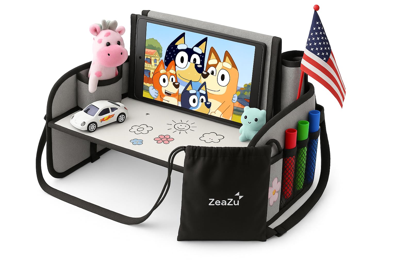 ZEAZU Kids Travel Tray - Foldable Toddler Lap Desk with Dry Erase Board, Car Seat Tray for Toddler, Waterproof Lap Tray for Airplane Kids Travel