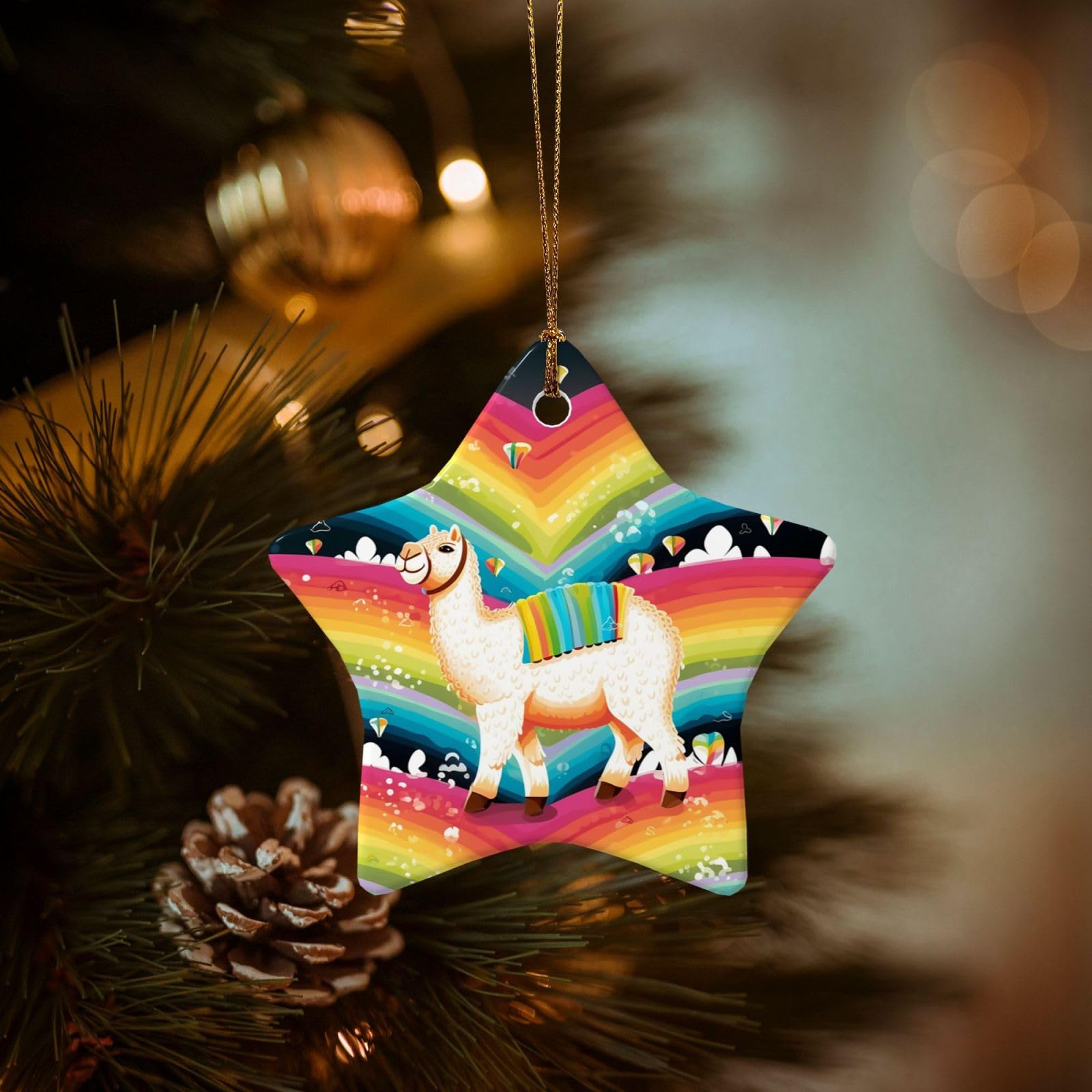 Christmas Tree Ornaments Ceramics Christmas Decorations Camel and Rainbow Ornaments with Gold Ribbon Porcelain Xmas Tree Crafts Star Shape Hanging Pendant for Christmas Tree Party Decor