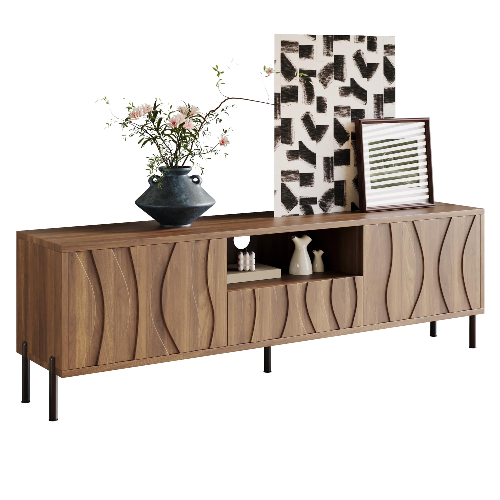 Mueble de TV de 160 cm con 3 puertas y espacio de almacenamiento, con gestión de cables, en madera natural