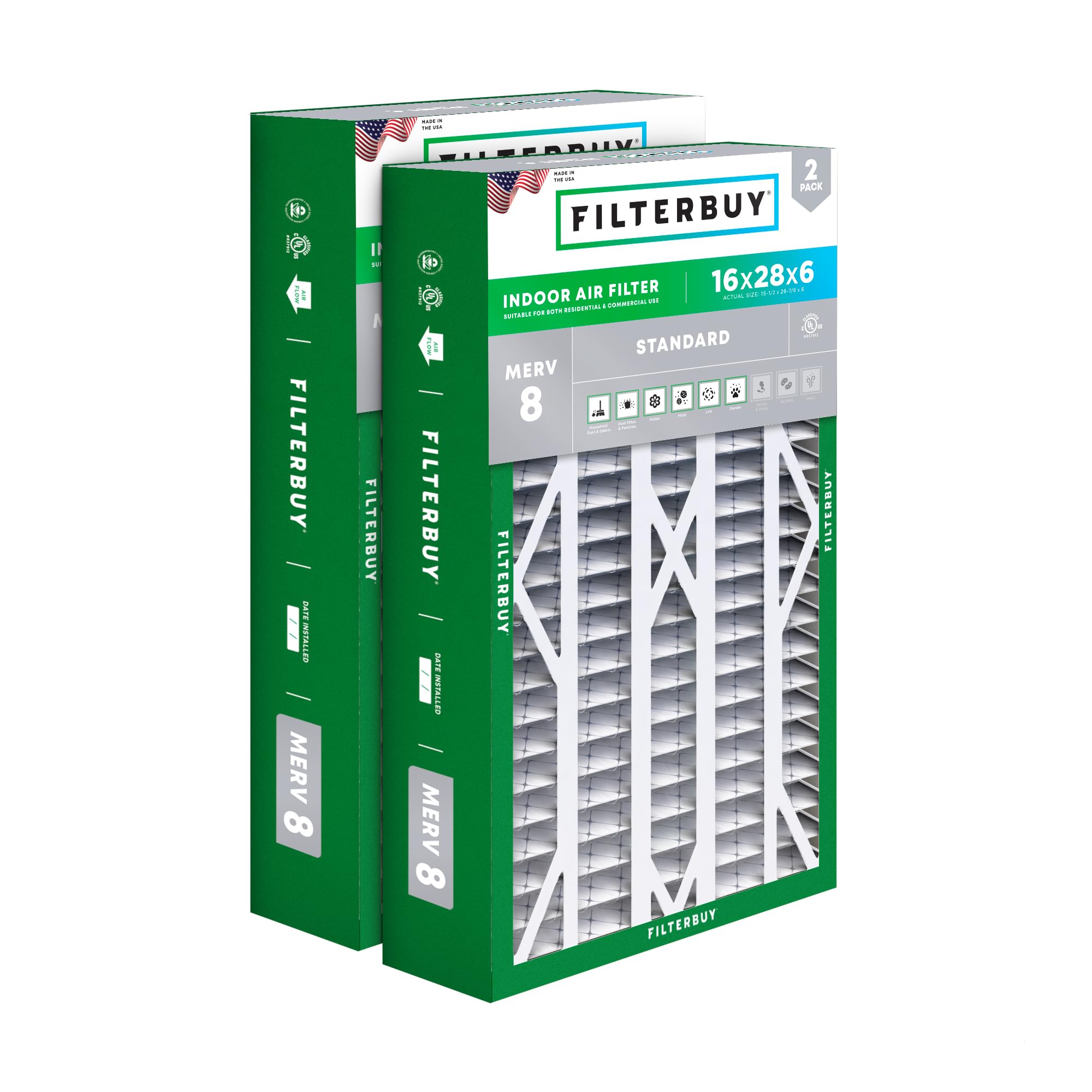 Filterbuy 16x28x6 Air Filter MERV 8 Dust Defense (2-Pack), Pleated HVAC AC Furnace Air Filters Replacement for Aprilaire Space-Gard 401/2400 & Lennox (Actual Size: 15.50 x 26.88 x 6.00 Inches)