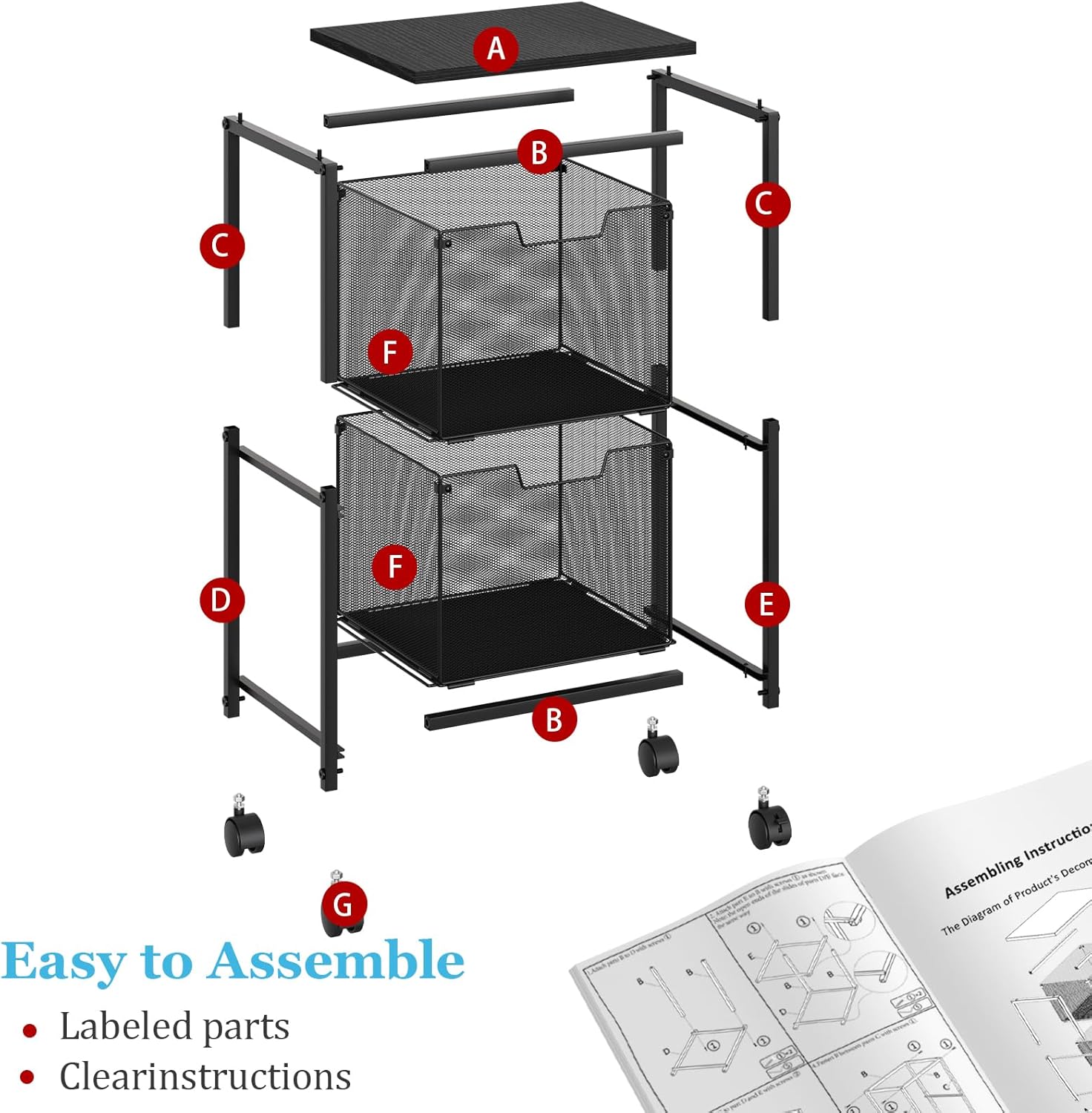 Rolling File Cart with 2 Storage Drawers, File Cabinet with Wheels, Hanging File Folder Organizer, Under Desk Storage, Printer Stand Utility Cart Filing Cabinet for Home Office,Black