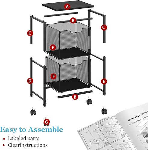 Miniatura 8 de Carro rodante con 2 cajones de almacenamiento, archivador con ruedas, organizador de carpetas de archivos colgantes, almacenamiento debajo del