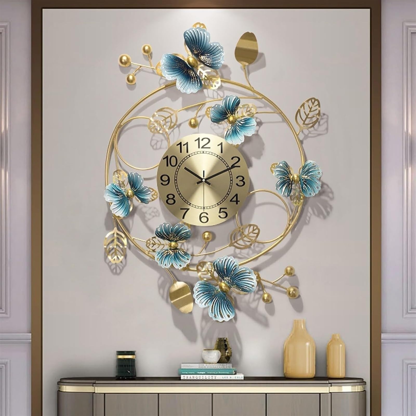 SaryEdge Wall Clock Butterfly Flowers Wall, Modern Luxury Metal Large Clocks, Silent Operated Clock, for Home, Bedroom, Kitchen, Art Decor Cloc,