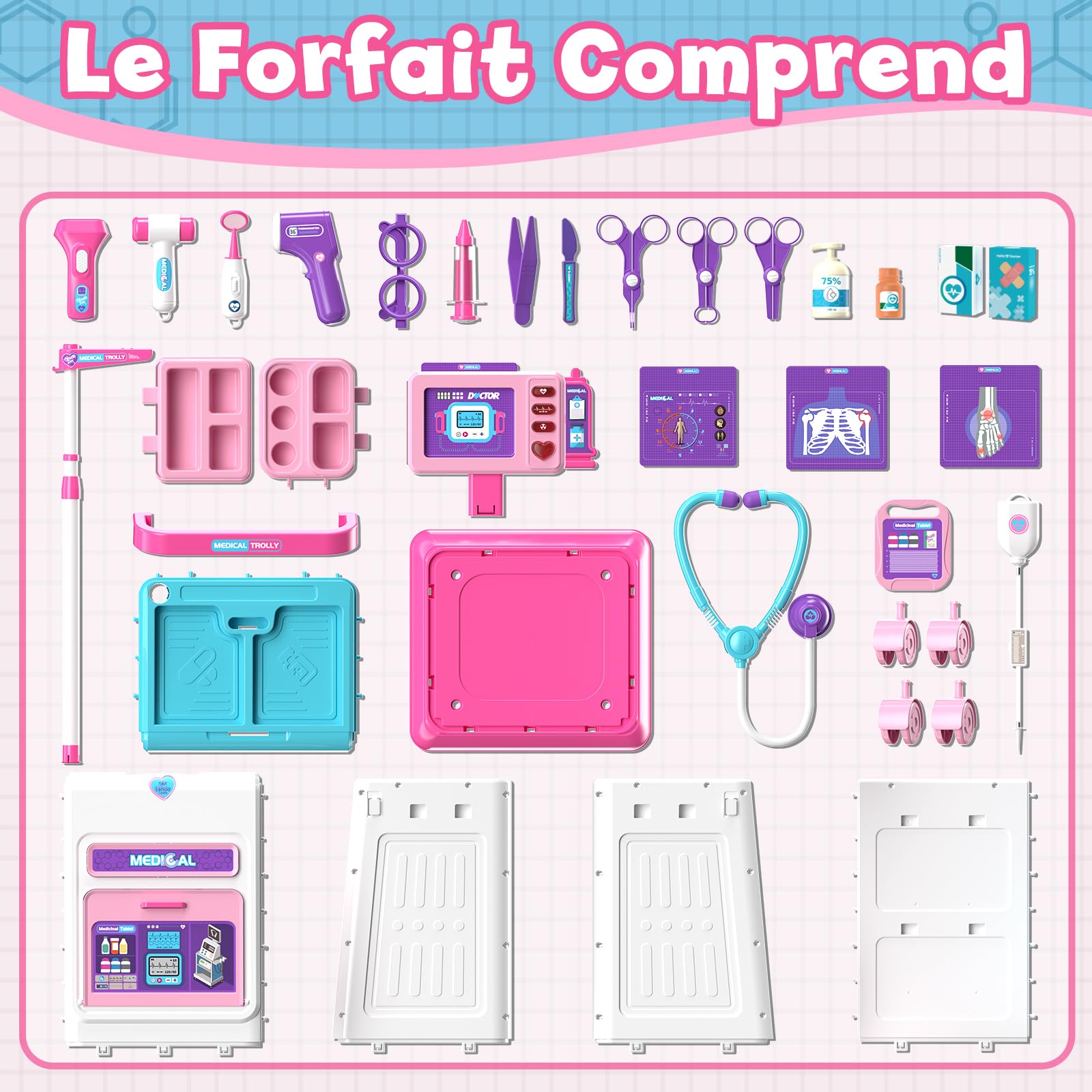 Lehoo Castle Malette Docteur Enfant, Jouet Docteur avec Chariot, Kit de Médecin pour Filles et Garçons 3+ Ans Rose