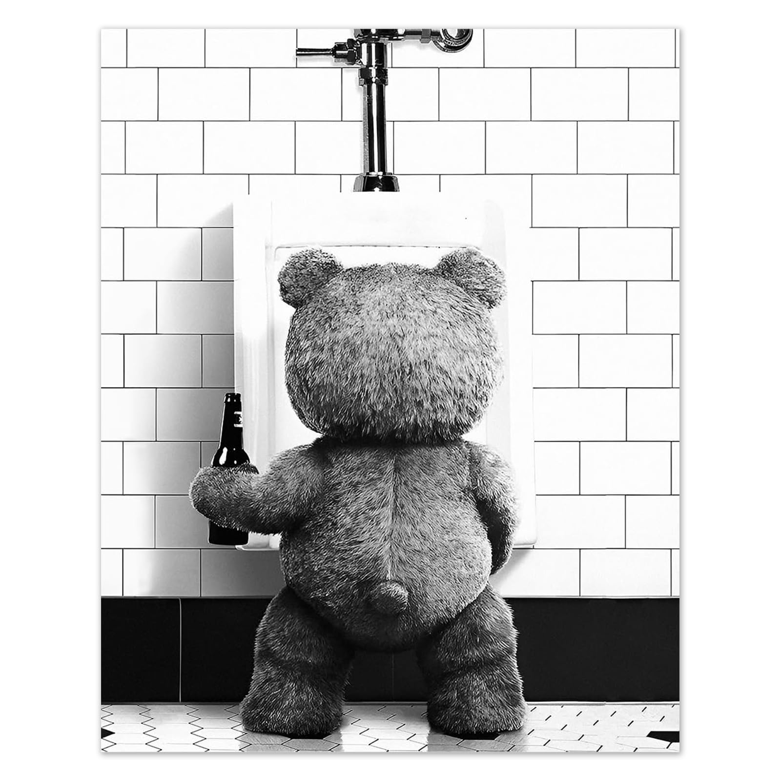 Funny Bathroom Wall Art Black and White Bear Design, Frameless Oil Canvas Toilet Pictures for Walls, Rolled No Crease Posters and Prints for Bathroom Office Living Room