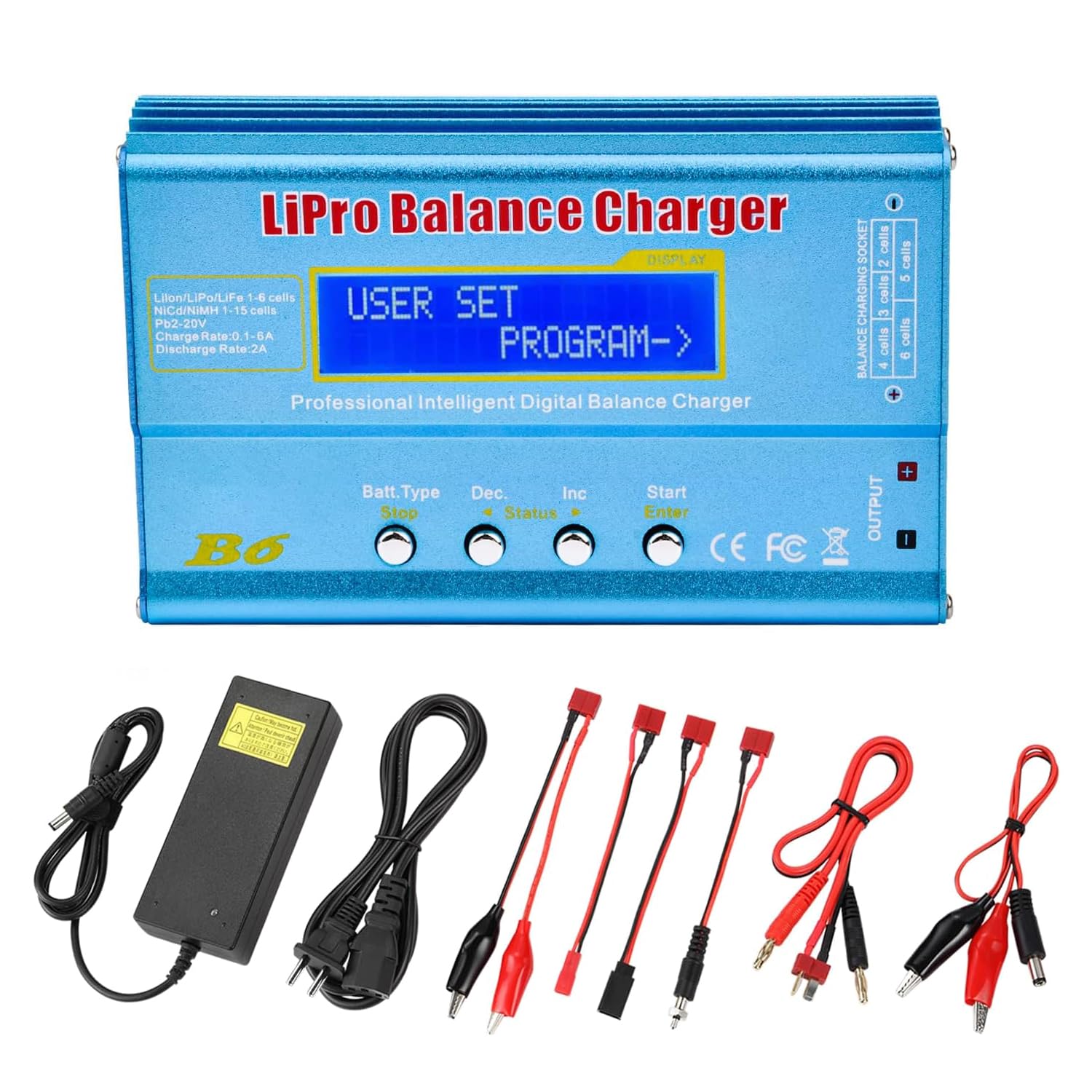 B6 Lipo Battery Balance Charger 80W 6A Mini Professional Discharger with AC Adapter for NiMH/NiCd (1-15S) LiPo/Life Battery (1-6S) Li-ion/NiCd/NiMH/LiHV/PB