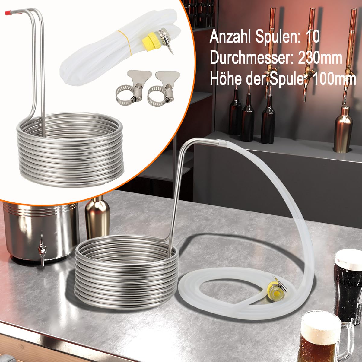Kühlspirale Eintauchkühler Kühlschlange Maischekühler Kühlspirale Ø 23cm Bier Kühler Kühlrohr Brauerei Bier Kühlschlange Würzekühler Rohr mit 2 * 2m Silikonschläuche, Verbindungsstücke
