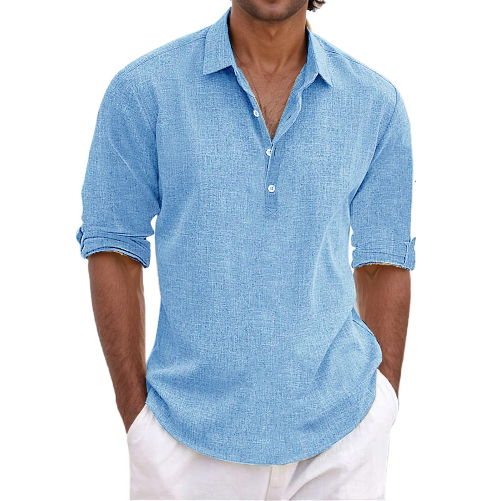 Toipkt Men's Shirt Pullover Shirt Solid Color Lapel Long Sleeve Cotton and Lnen Casual Shirt