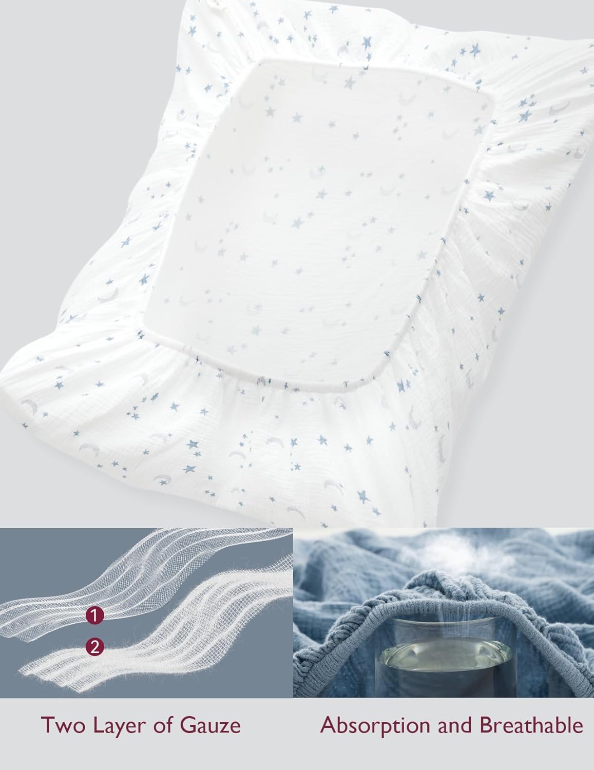Momcozy Muslin Standard Fitted Crib Sheets, 52"x28", 2 Pack Soft Breathable Natural Cotton Baby Mattress Sheet, 360° Mattress Wrapping No Slip Boys Girls Neutral Toddler Bed Sheet, Blue Star Moon