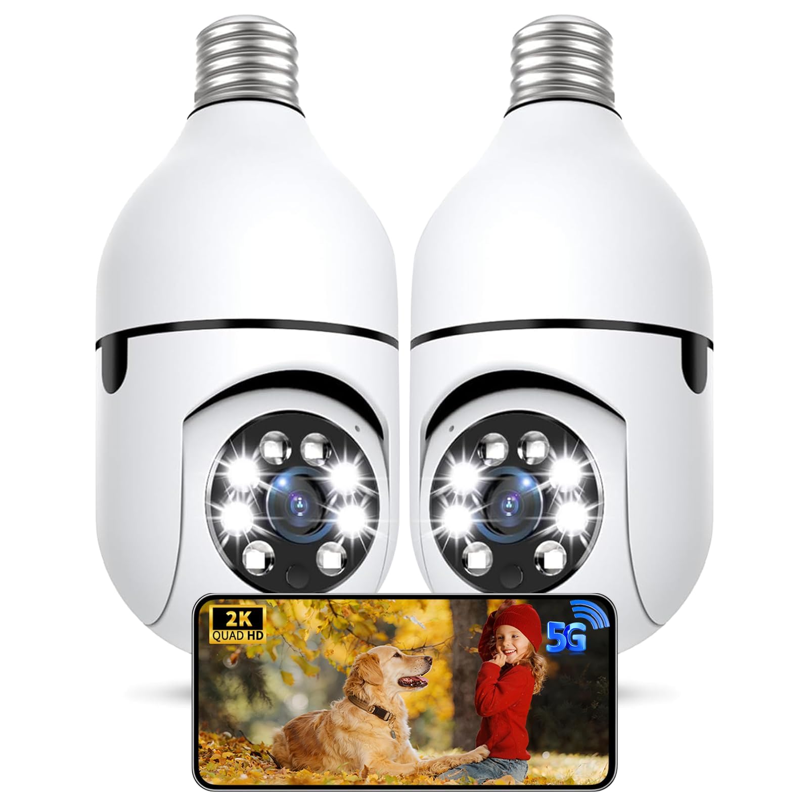 2K Light Bulb Camera Outdoor, 5G&2.4GHz Cameras for Home Security, 360° PTZ Wireless Lightbulb Socket Security Cam with Color Night Vision, 2 Way Audio, AI Human Detection, 2 Packs