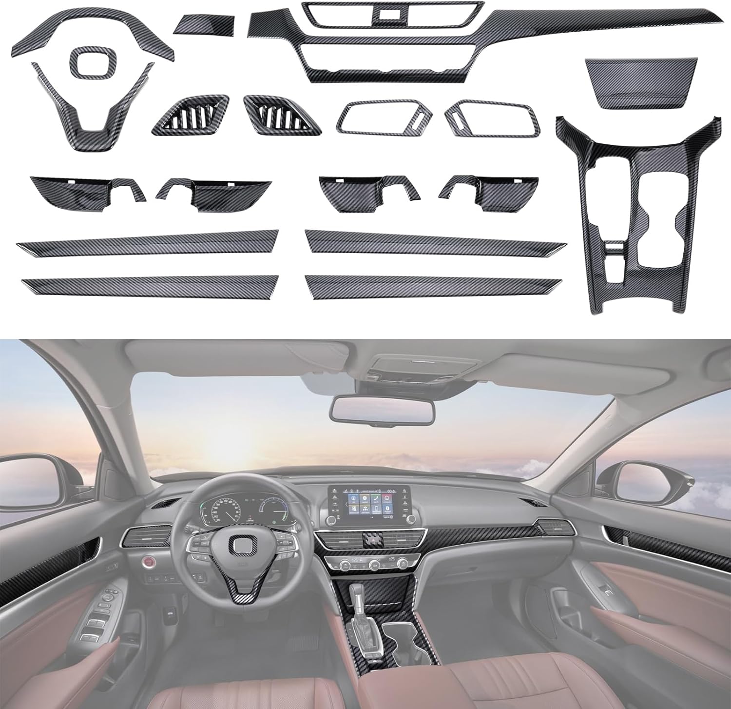20 Pcs Carbon Fiber Interior Kit, Gear Shift Panel Cover AC Air Vent Cover Side Door Panel Strip Cover Steering Wheel Cover Compatible with Honda Accord 10th Gen 2018-2022