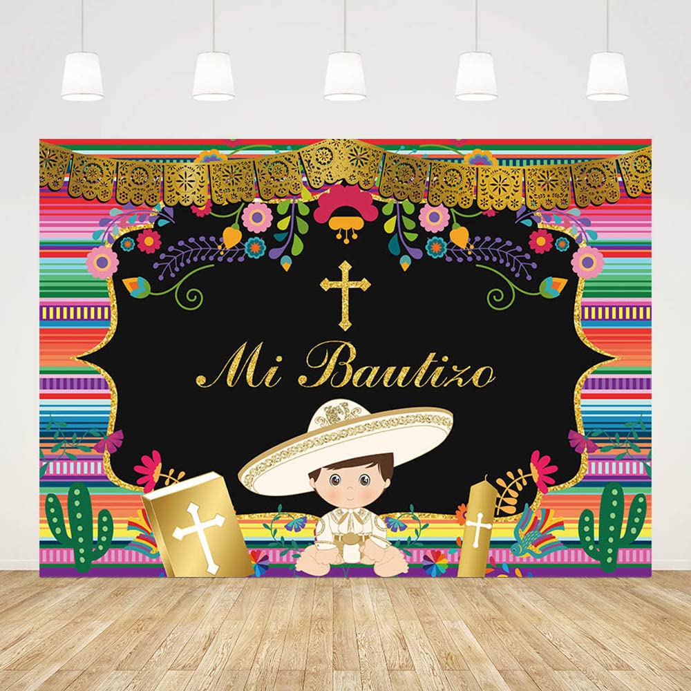 AIBIIN 7x5ft Mi Bautizo Backdrop for Boys Mexican Baptism Party Decorations God Bless First Holy Communion Photography Background Mexican Fiesta