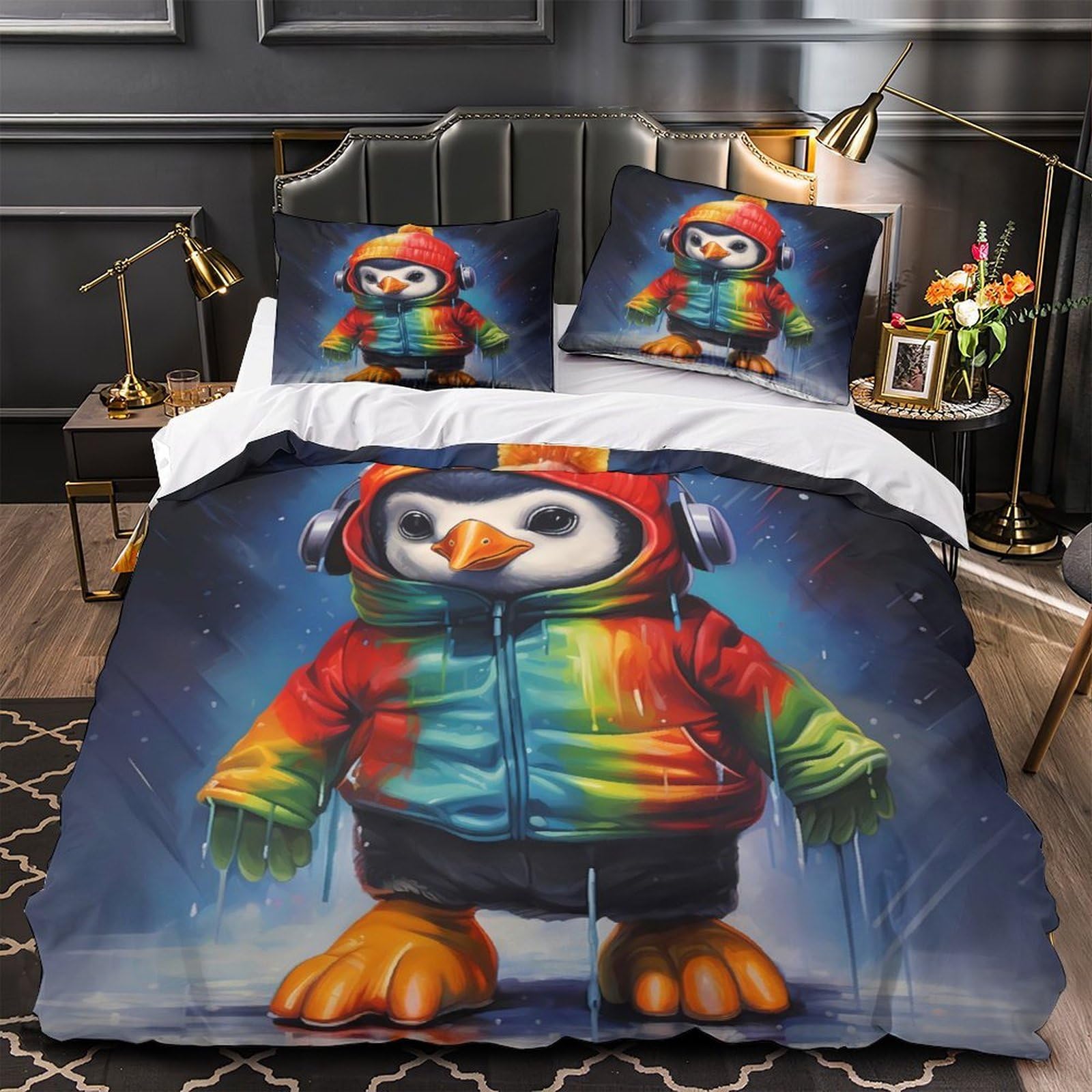 Parure de lit pingouin mignon 140x200 housse de couette 3D microfibre respirante