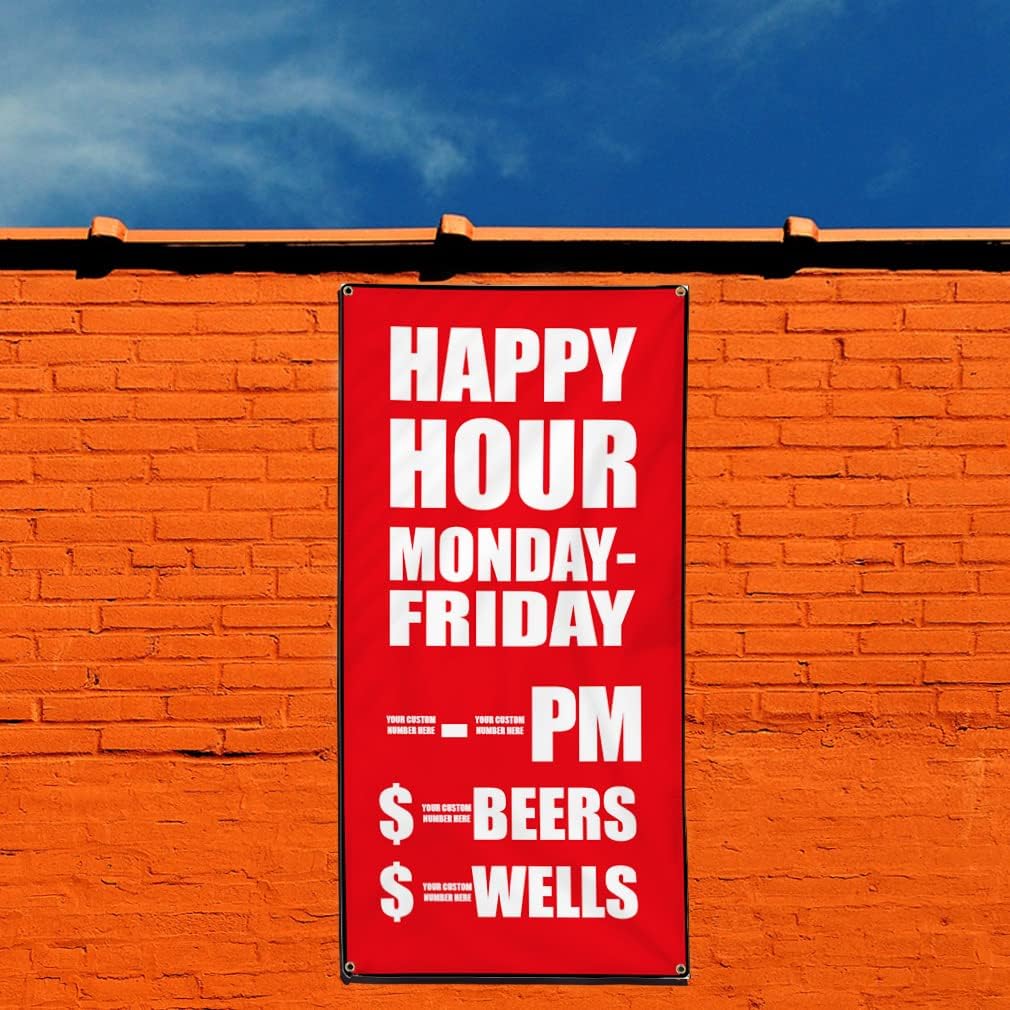 Custom Vertical Vinyl Banner Multiple Sizes Happy Hour Custom Bar Restaurant Business Outdoor Weatherproof Industrial Yard Signs 4 Grommets 40x16Inches