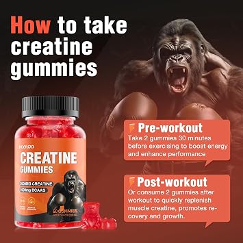 Creatine Gummies 5000mg Creatine Monohydrate with 1000mg BCAAs (1 Month Supply) for Men & Women, Vegan & Sugar-Free, Easy Pre/Post Workout Gym Support for Performance and Muscle Power, 60 Count