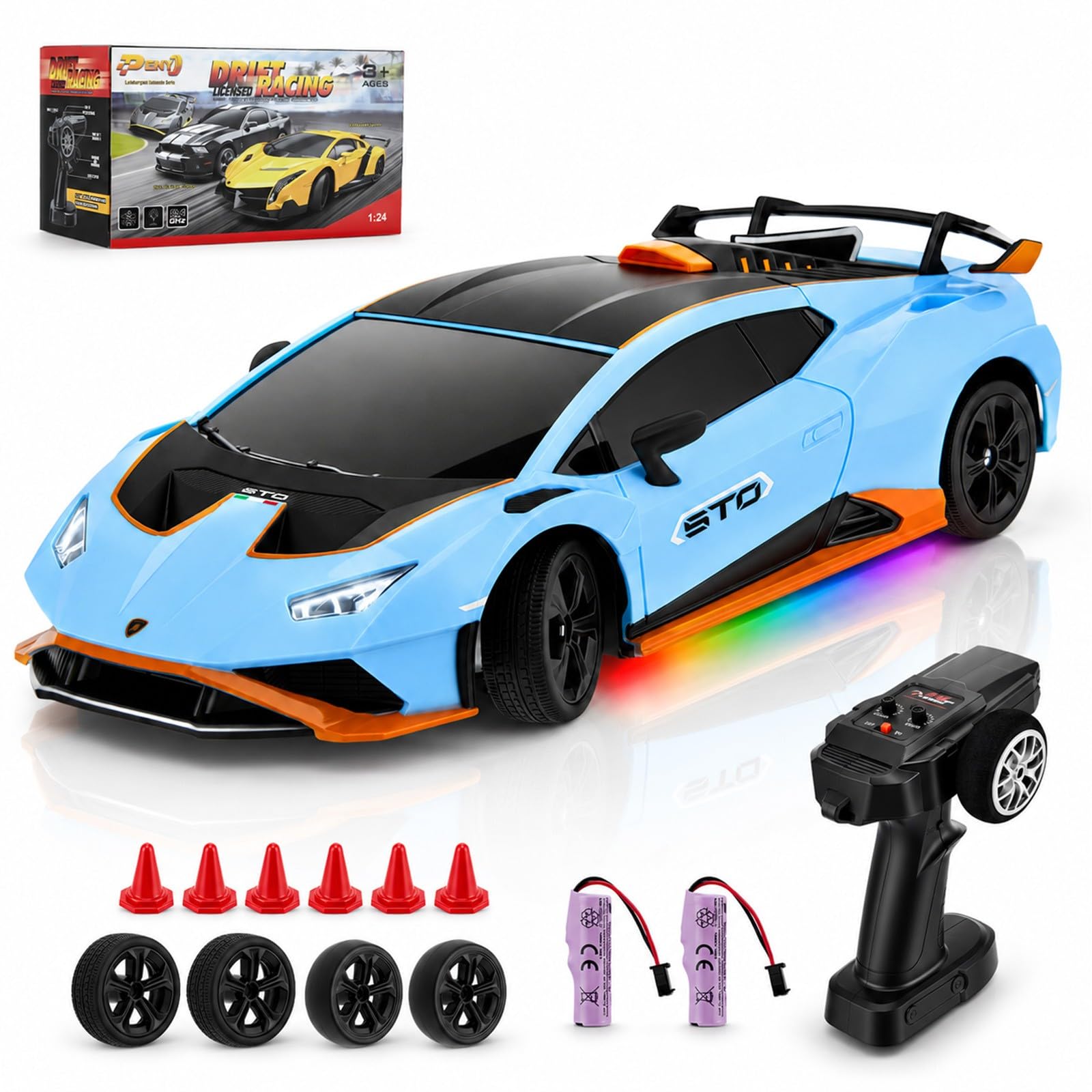 Voiture Télécommandée Lamborghini Huracán STO, Échelle 1:24 Officiellement Licenciée, Voiture Jouet Lambo Haute Vitesse 25 km/h Drift RC avec Lumière LED, Modèles 2.4GHz pour Garçons Filles Adultes