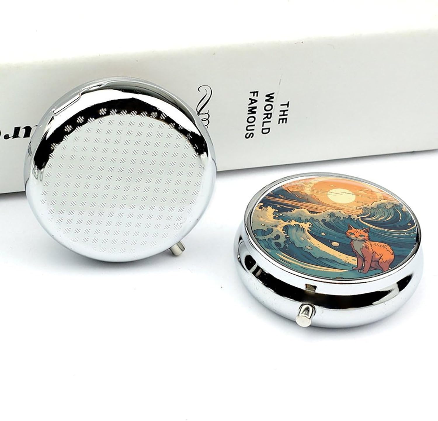 Anime Style Cat Pill Box 3 Compartment Small Pill Case with Mirror for Purse & Pocket Travel Medicine Organizer Daily Medication Container Portable Pillbox Metal Medicine Box Round Meds Case image 5